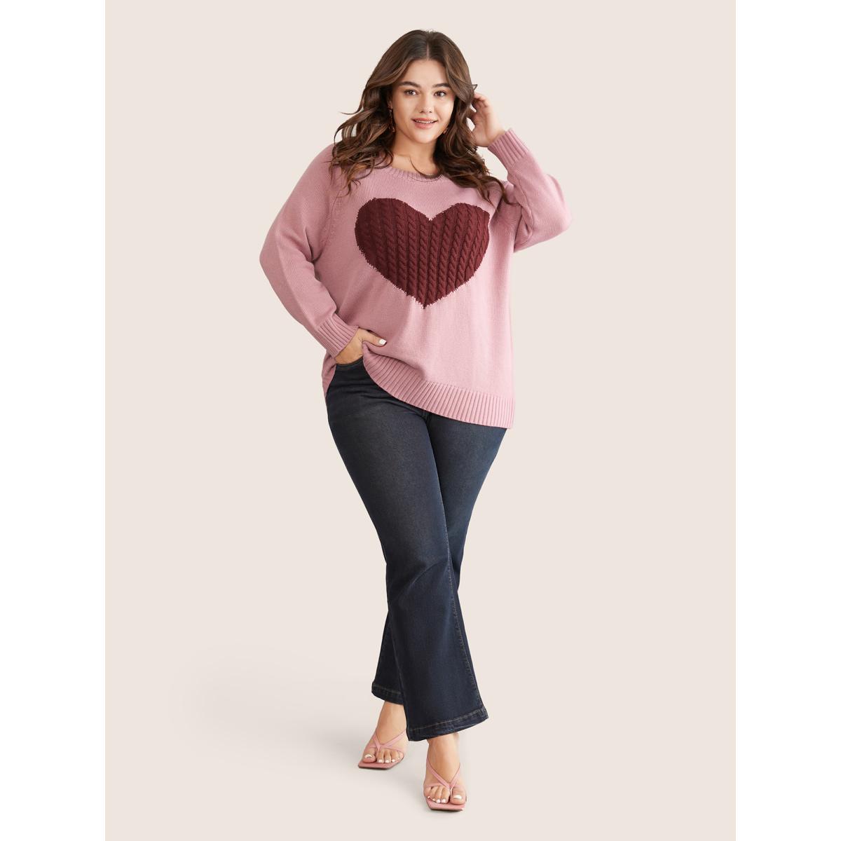 Plus Size Heart Cable Knit Two Tone Raglan Sleeve Pullover DustyPink Women Casual Long Sleeve Round Neck Everyday Pullovers BloomChic 26/4X Product Image