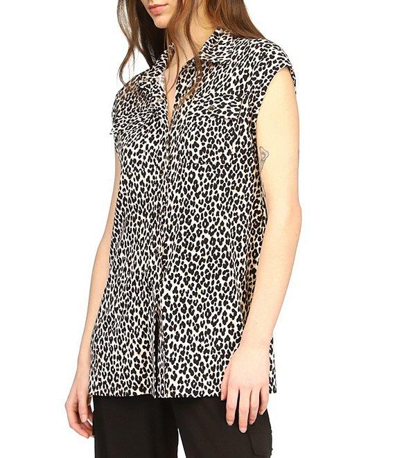 Michael Kors Cheetah Print Collared Neckline Cap Sleeve Top Product Image