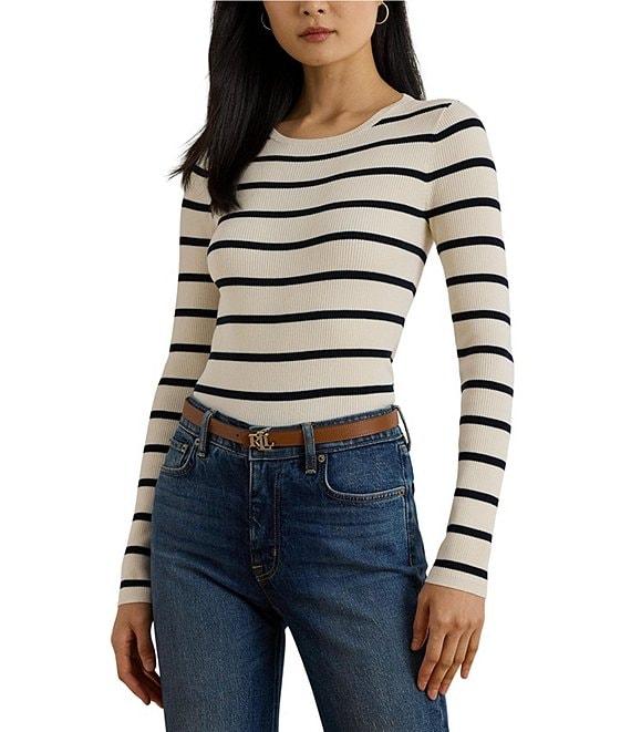 Lauren Ralph Lauren Ribbed Knit Striped Round Neck Long Sleeve Sweater Product Image