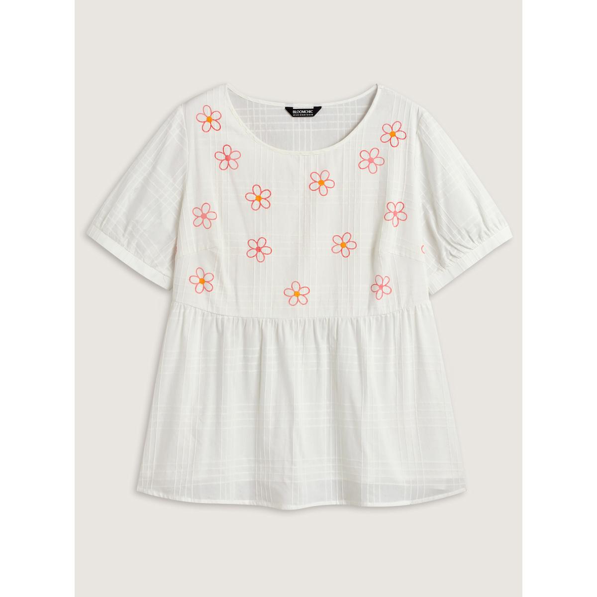 Plus Size WhiteSmoke Cotton Colorful Embroidery Crisscross Solid Blouse Women Short sleeve Round Neck Everyday-Casual Blouses BloomChic 28/5X Product Image