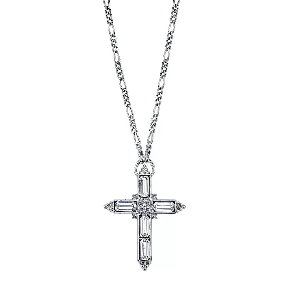 1928 Crystal Baguette Cross Pendant Necklace, Womens, Silver Tone Product Image