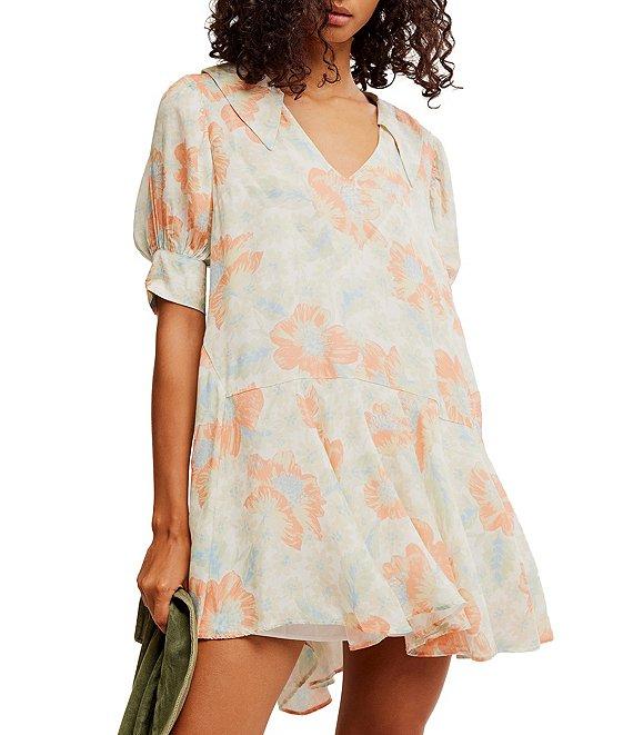 Free People Moon Chaser Floral Printed V-Neck Short Sleeve Mini Babydoll Dress Product Image
