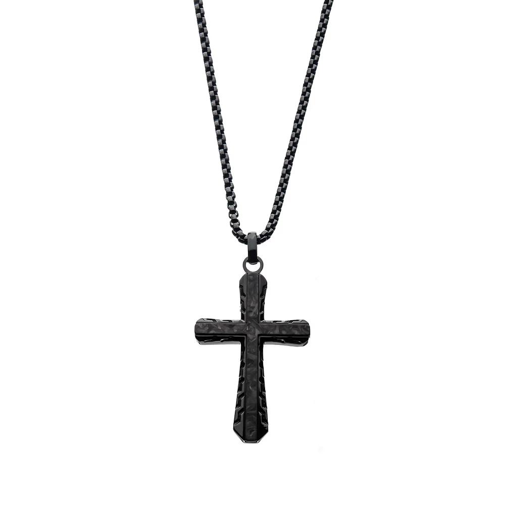 DANTE Men's Fine Silver Stainless Steel Black Carbon Epulchre Cross Pendant Necklace,  Product Image