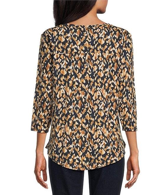Westbound Petite Size Celestial Chalk Leopard 3/4 Sleeve Crew Neck Knit Top Product Image