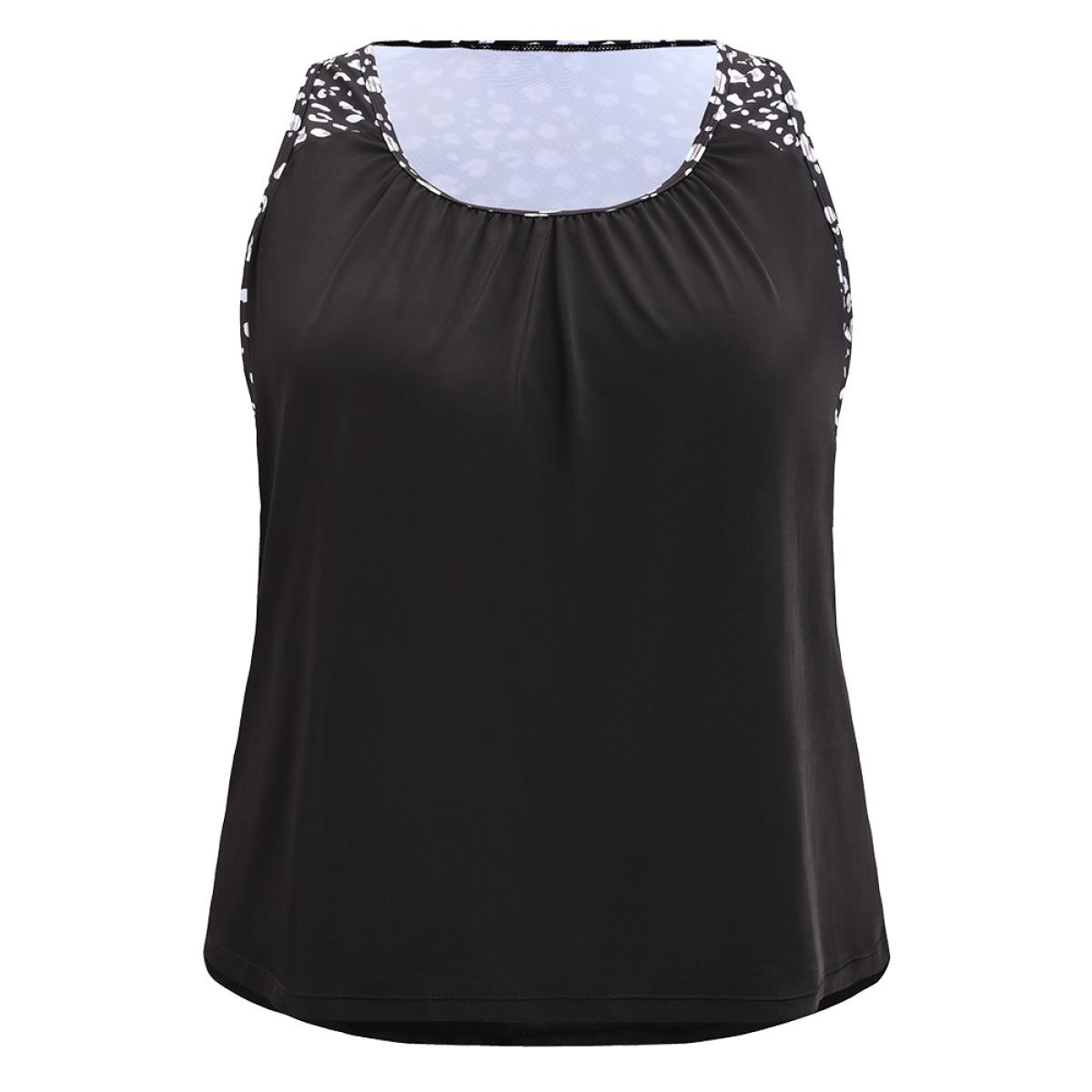 Plus Size Allover Patchwork Gathered Round Neck Tankini Top Women's Swimwear Black Vacation Gathered High stretch Round Neck Curve Swim Tops BloomChic 14-16/1X Product Image