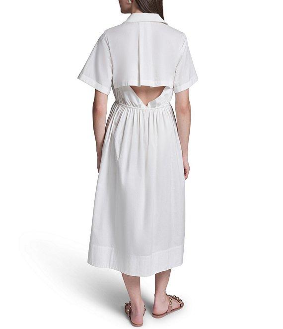 BCBG Point Collar Short Sleeve Open Back Cotton Poplin Shirt Dress Product Image