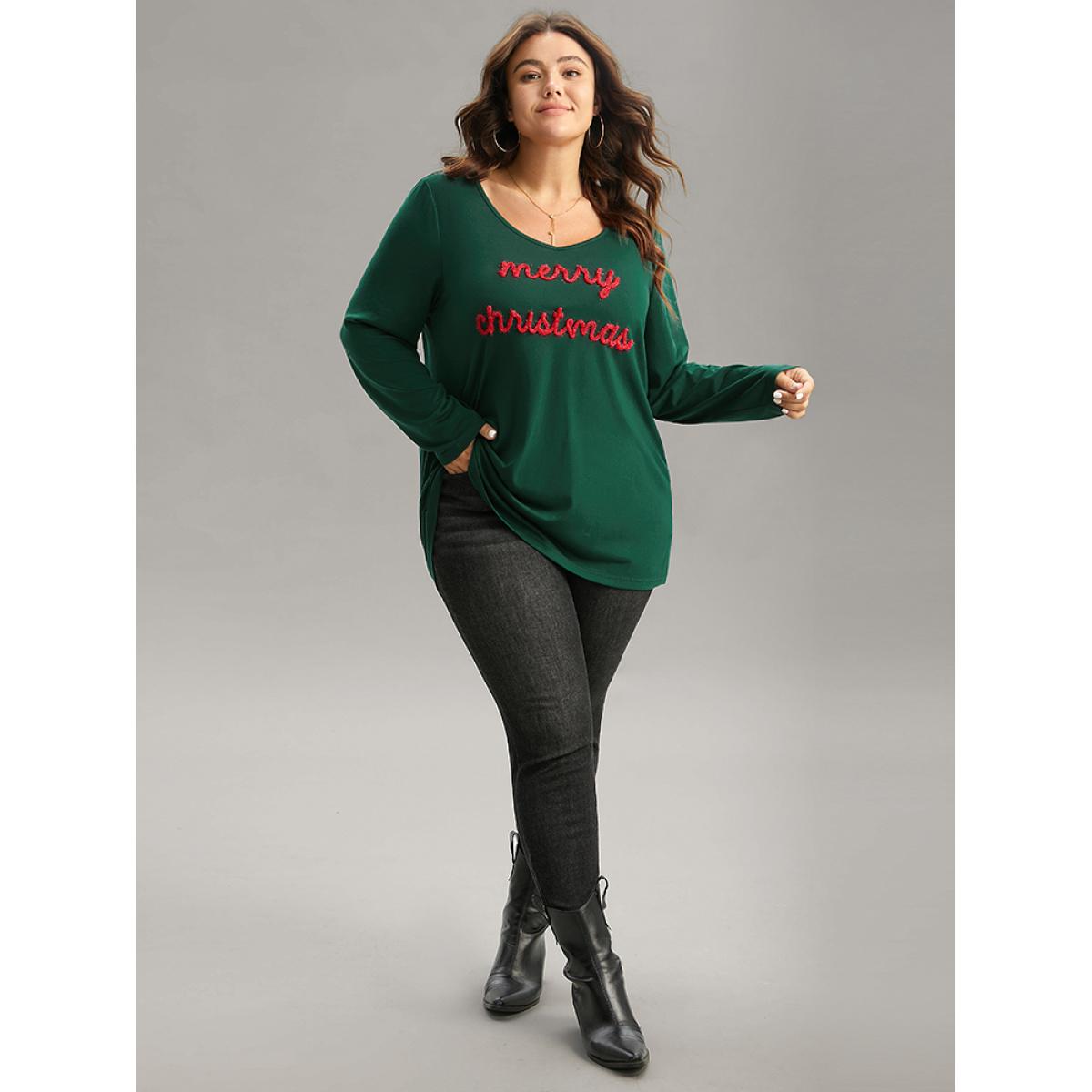 Plus Size Christmas Letter Embroidered Contrast T-shirt DarkGreen Women Casual Contrast Christmas Festival-Christmas T-shirts BloomChic 22-24/3X Product Image
