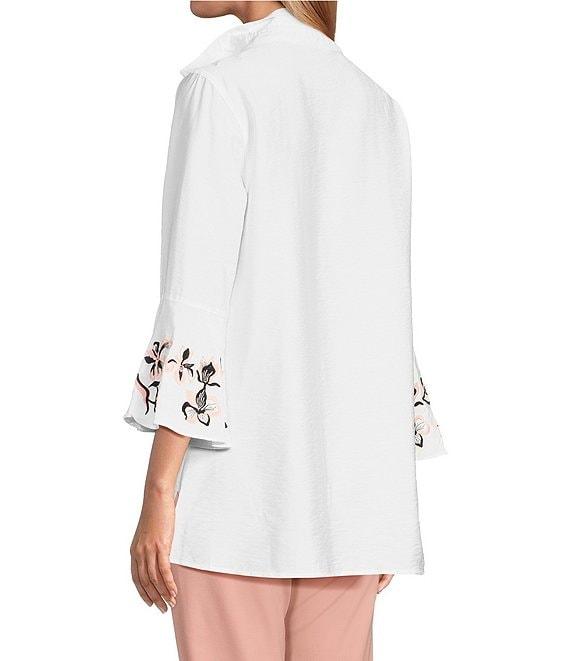 Multiples Solid Crinkle Wire Collar 3/4 Embroidered Flounce Sleeve Hi-Low Hem Fitted Woven Shirt Product Image