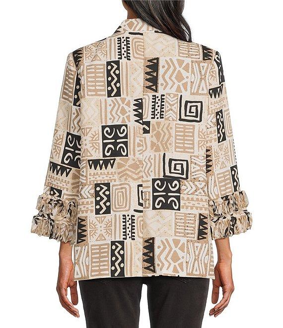 Multiples Petite Size Textured Bark Cloth Patchwork Print Banded Collar 3/4 Sleeve Button Front Jacket Product Image