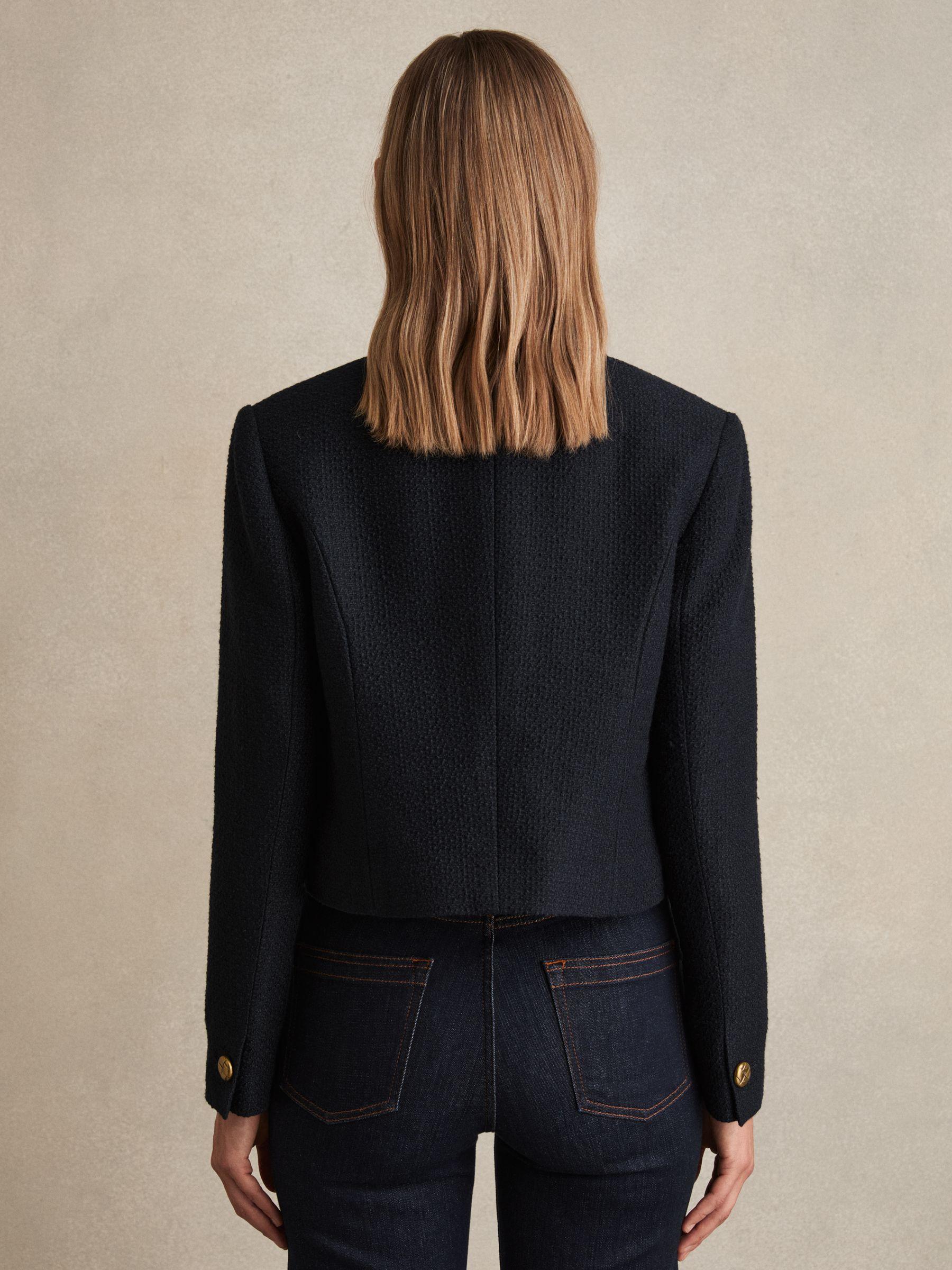 Double-Breasted Textured Cropped Blazer with Wool and Cotton in Navy Product Image