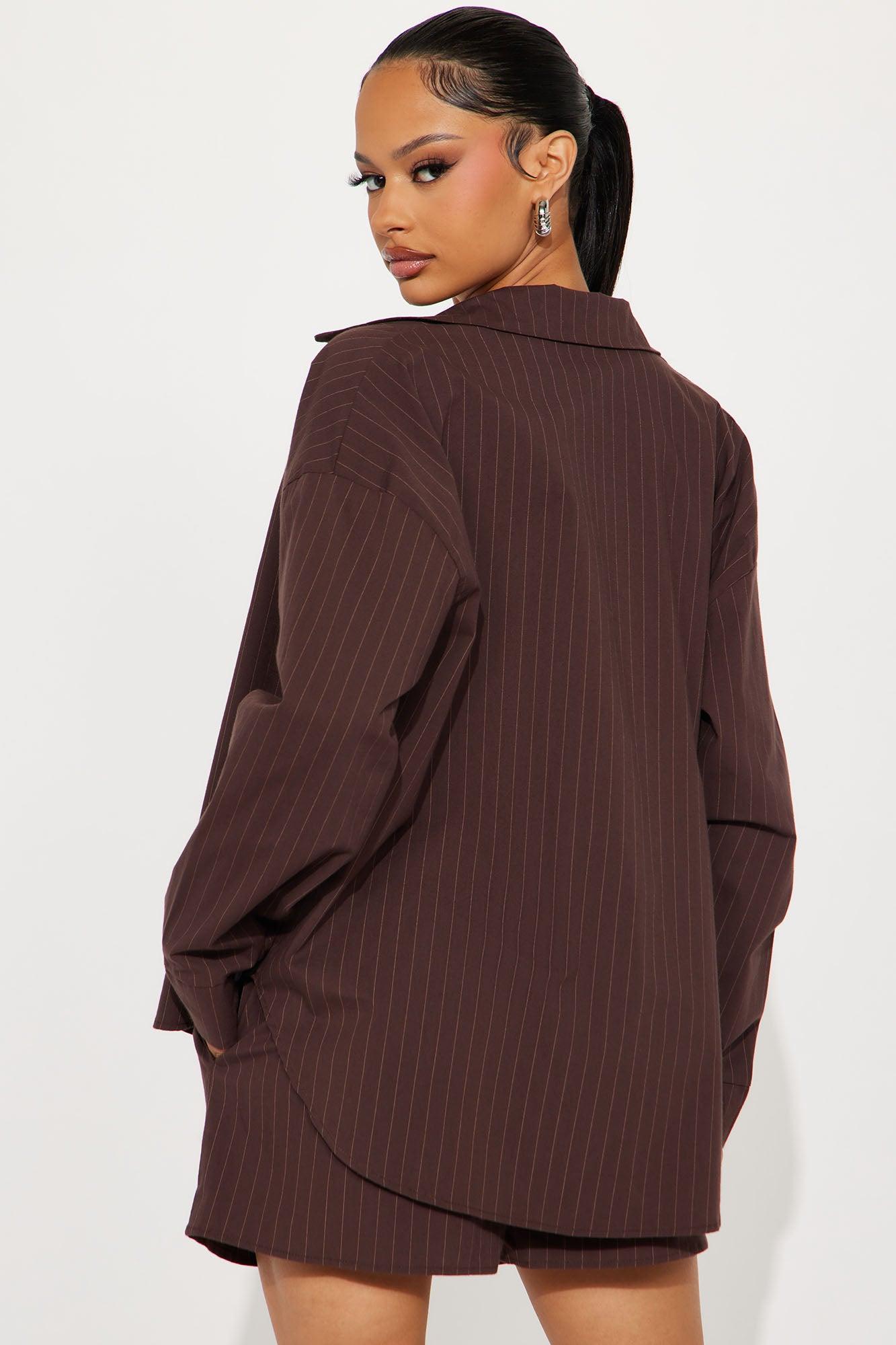 Now Or Never Pinstripe Short Set - Chocolate Product Image