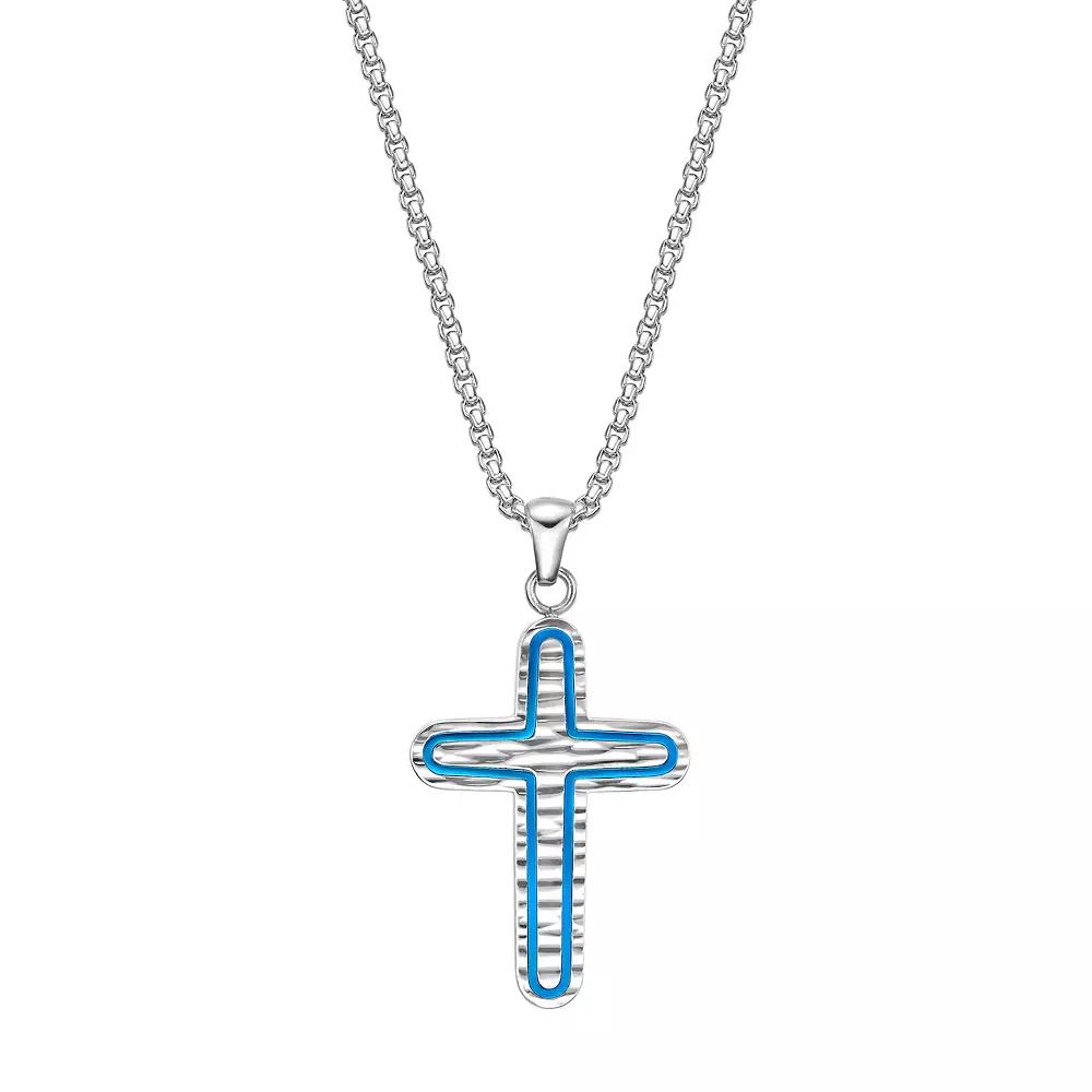 Men's LYNX Stainless Steel Textured Cross Pendant Necklace, Size: 24", Blue Tone Product Image