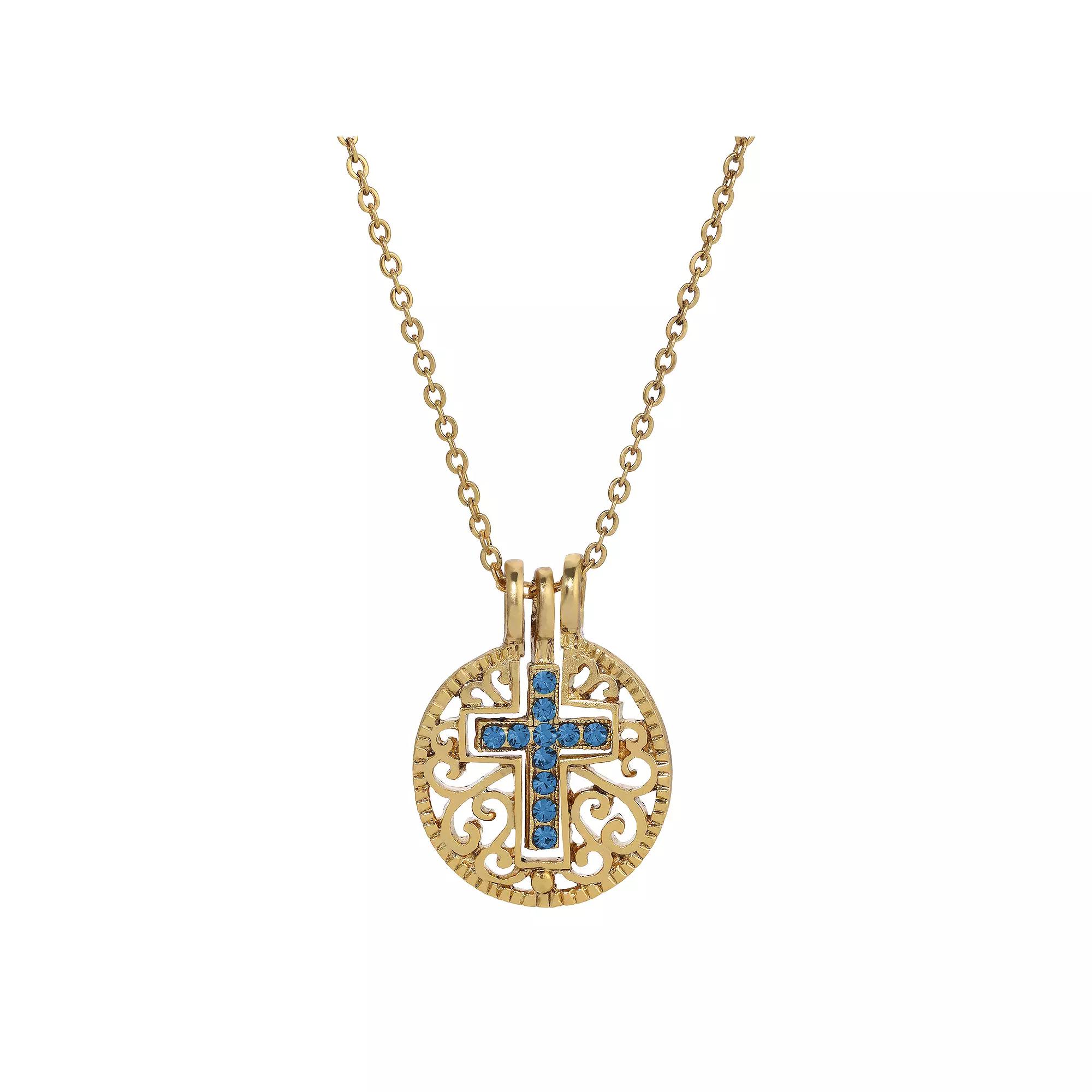 1928 Gold Tone Birthstone Crystal Cross Pendant Necklace, Womens, March Product Image