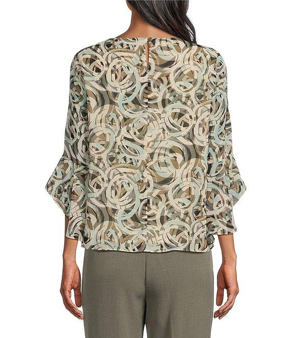 Kasper Abstract Print Crew Neck 3/4 Flutter Sleeve Blouse Product Image
