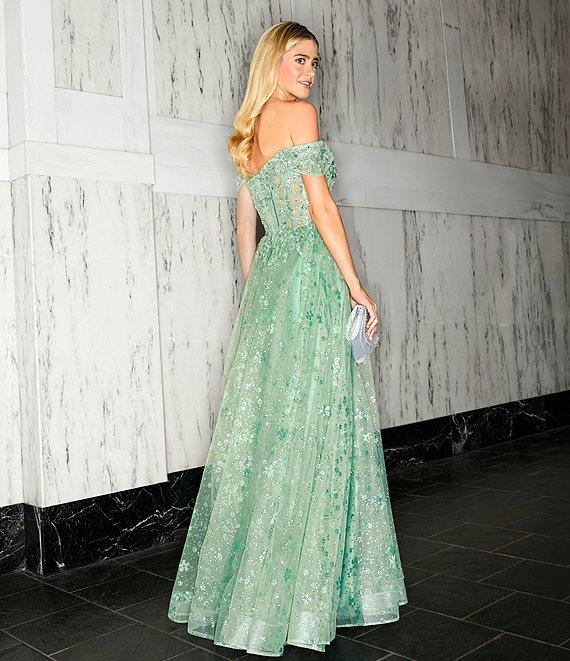 B. Darlin Patterned Glitter Mesh Sweetheart Neck Off-The-Shoulder Dress Product Image