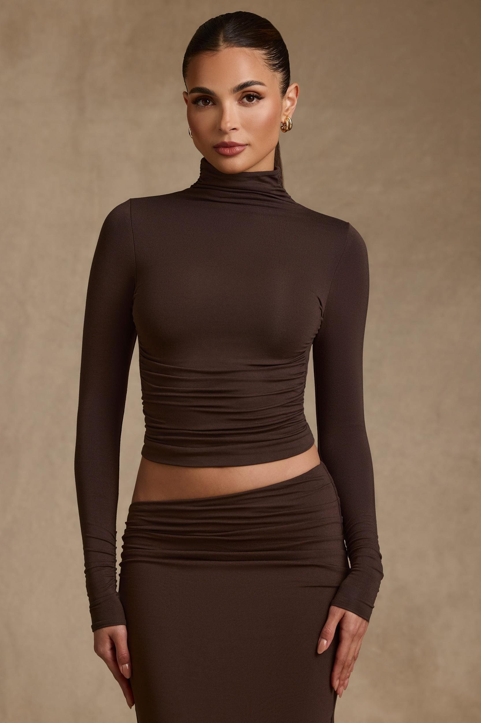 Modal Ruched Backless Turtleneck Top in Chocolate Brown Product Image