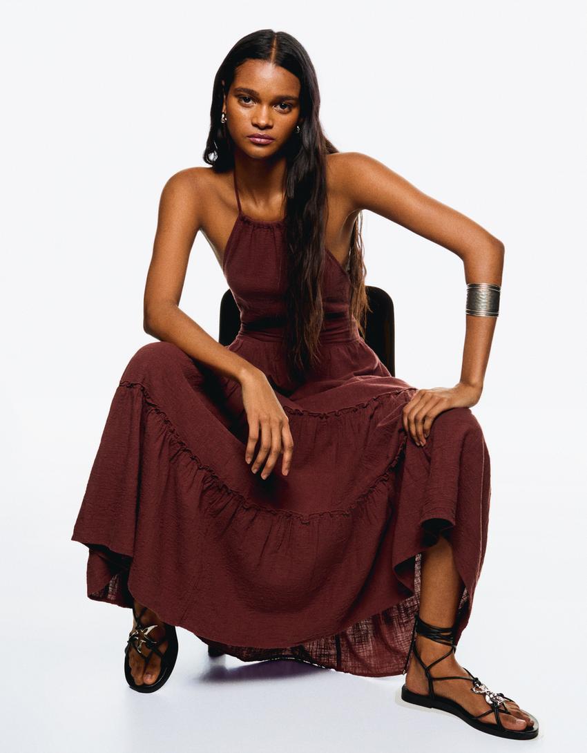 Halter neck midi dress with ruffles Product Image