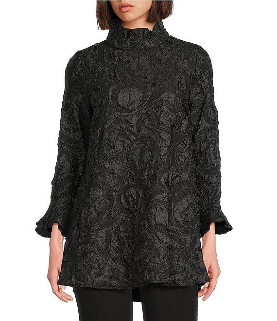 IC Collection Textured Woven Ruffle Mock Neck Long Sleeve Tunic Product Image