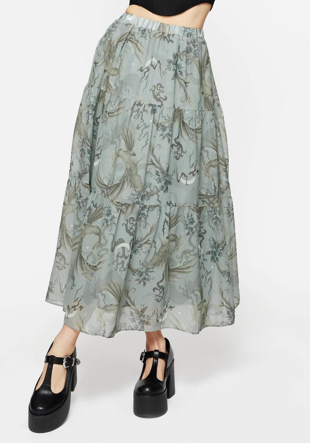 Sapphira Dragon Print Chiffon Tiered Maxi Skirt Product Image