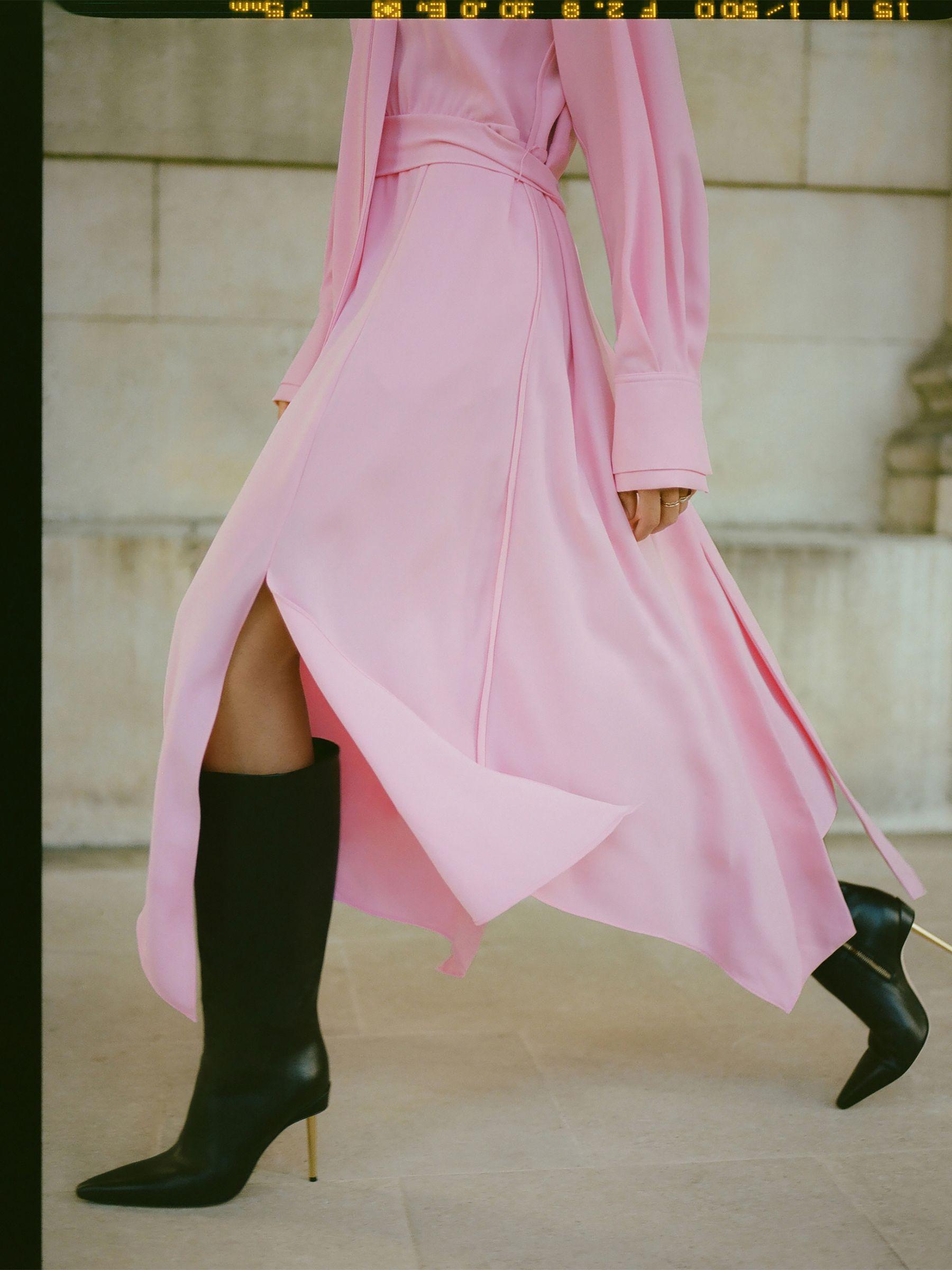 Tie Neck Zip Front Midi Dress in Pink Product Image