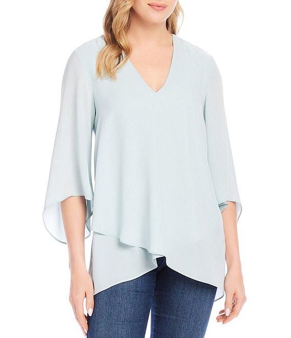 Karen Kane Silky Crepe V-Neck 3/4 Flare Sleeve Asymmetric Top Product Image