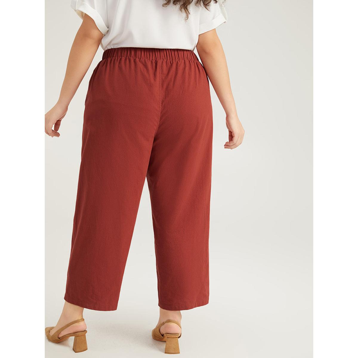 Plus Size Plain Button Up Pocket Straight High Rise Leg Pants Women Russet Casual Straight Leg High Rise Everyday Pants BloomChic 26/4X Product Image
