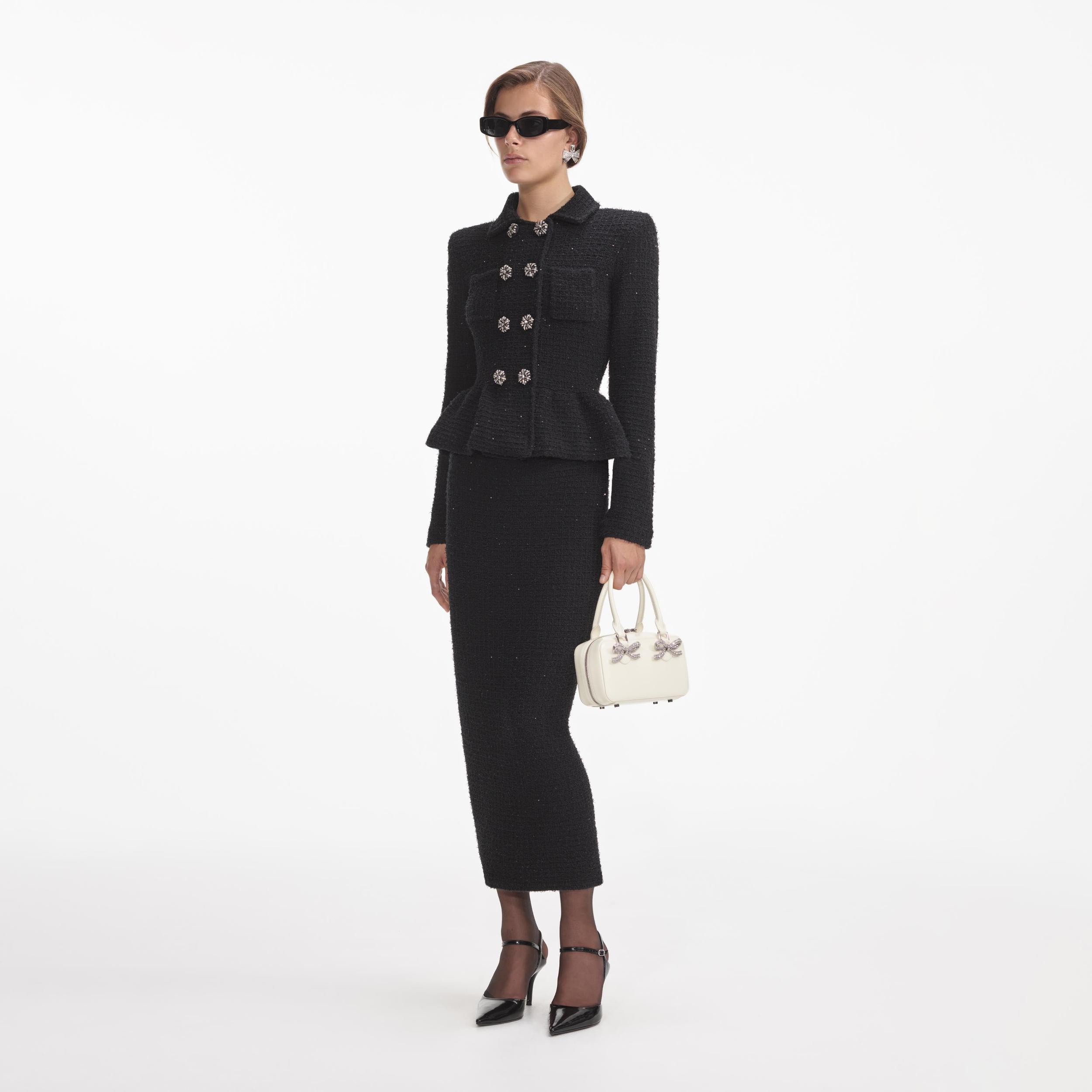 Black Textured Knit Peplum Midi Dress Product Image