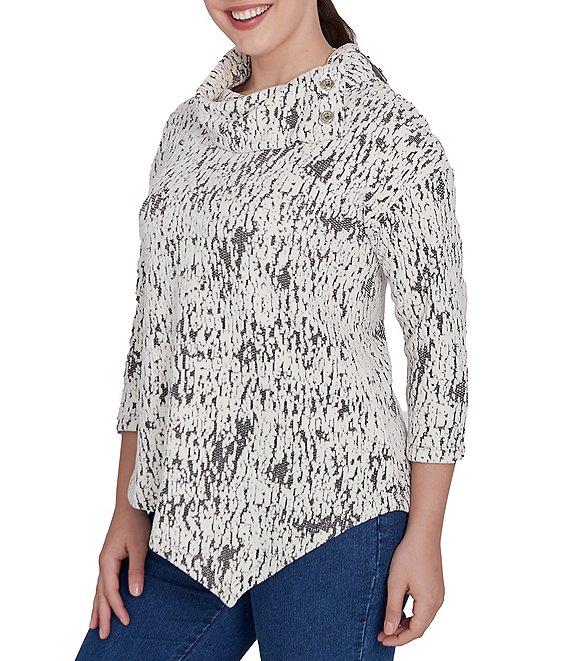 Ruby Rd. Knit Faux Fois Bois Print Split Cowl Neck 3/4 Sleeve Asymmetric Hem Sweater Product Image