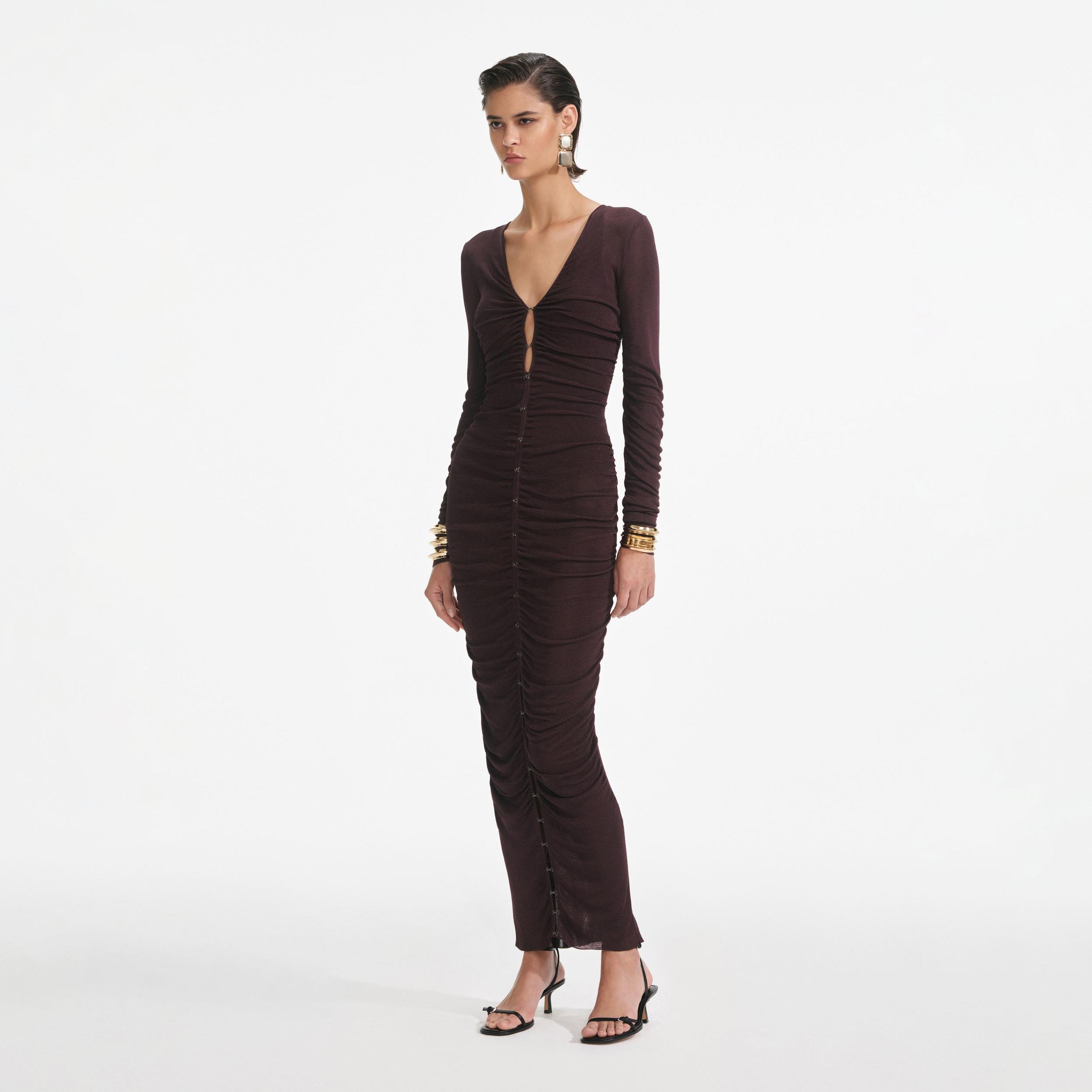 Brown Gathered Viscose Knit Midi Dress Product Image