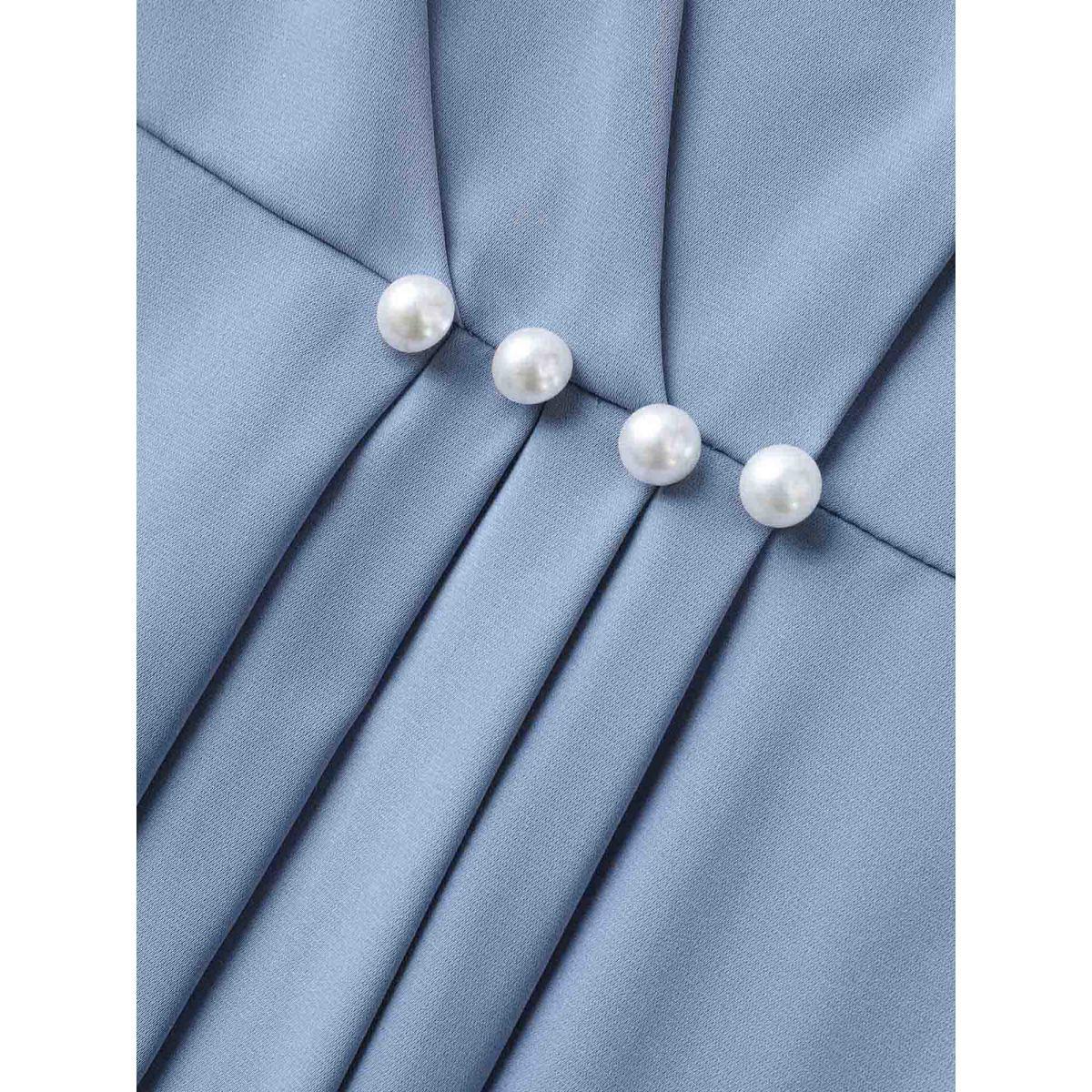 Plus Size Stone Knotted Sleeve Pearl Detail Keyhole Blouse Women Office Short sleeve Round Neck Office Blouses BloomChic 30/6X Product Image