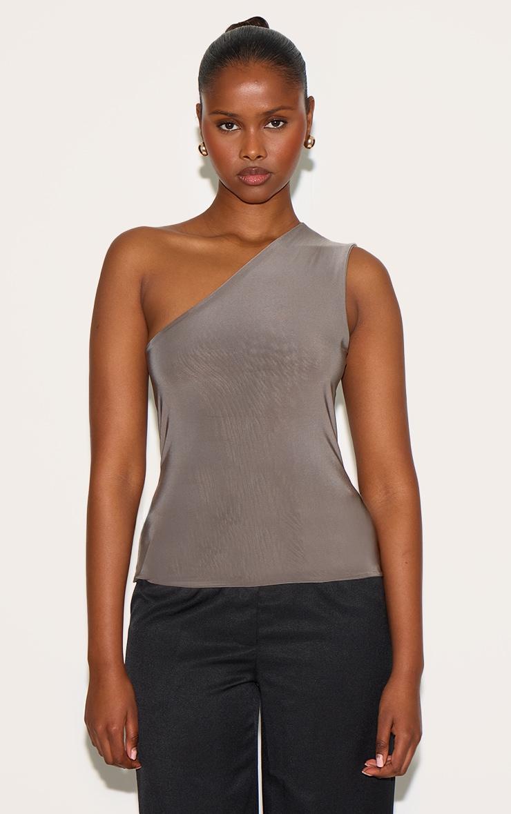 Mushroom Double Layer Slinky Back Detail One Shoulder Top Product Image