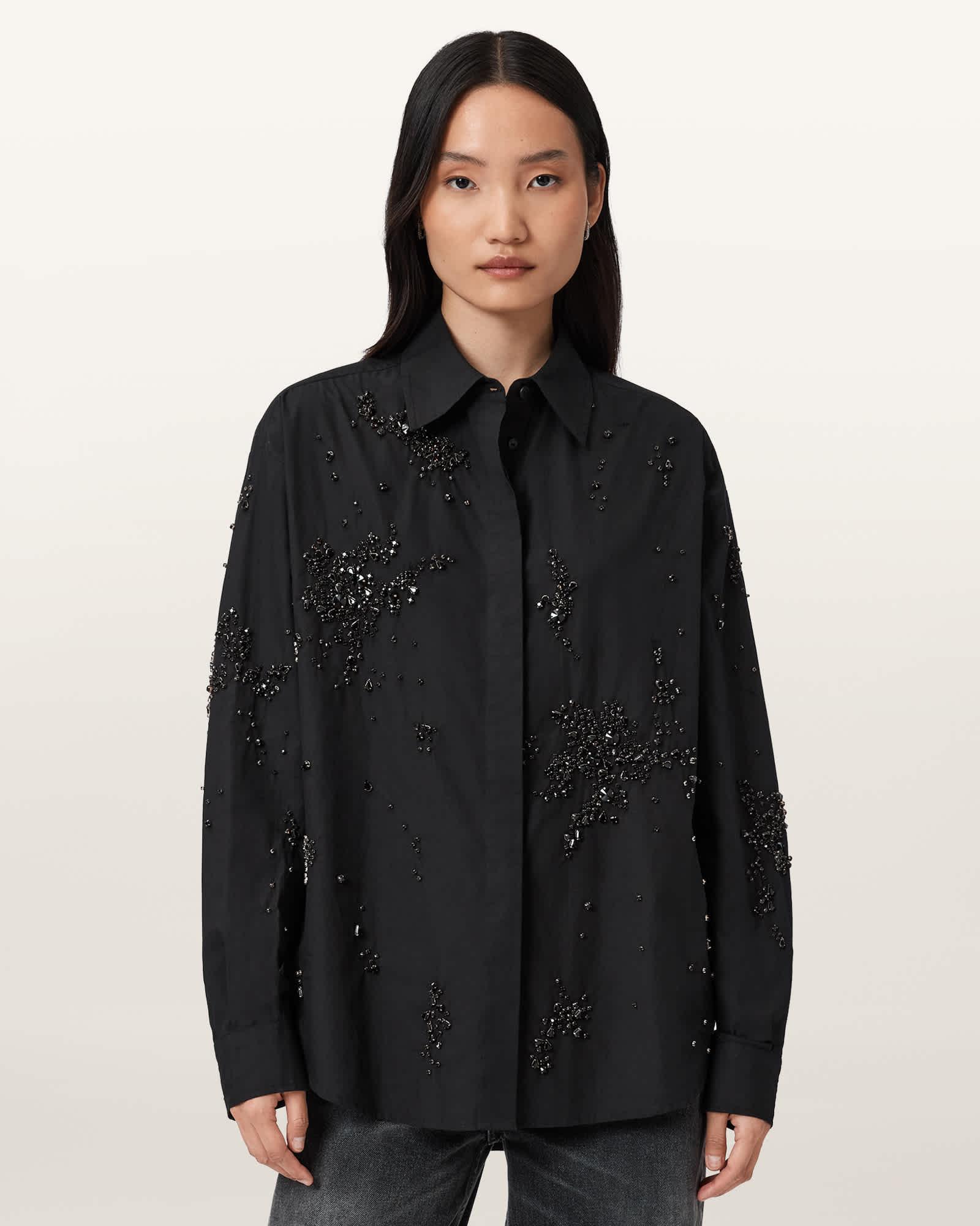 Gemi Embellished Shirt Black | ALLSAINTS US Product Image