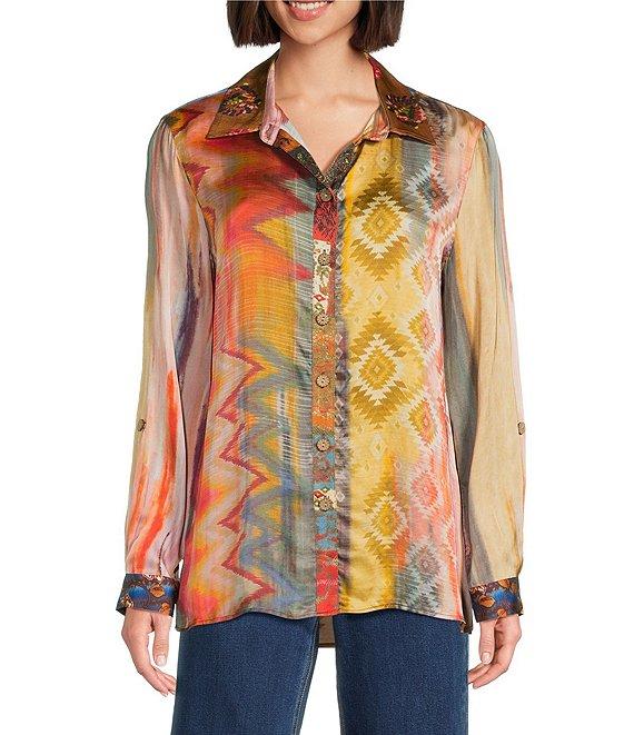 John Mark Petite Size Mixed Multi Print Point Collar Long Roll-Tab Sleeves Button Front Tunic Product Image