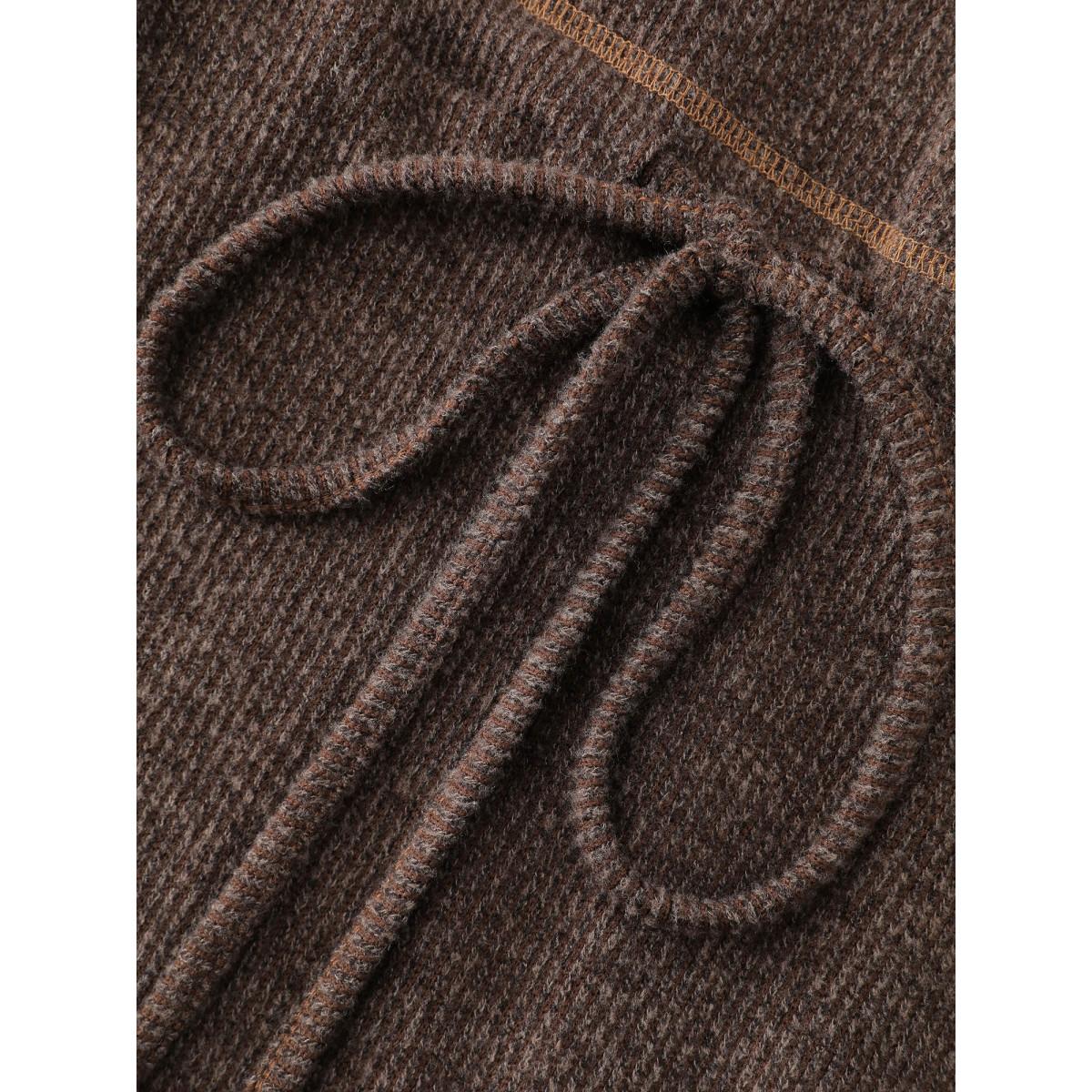 Plus Size Fluffy Textured Color Contrast Midi Dress DarkBrown Women Leisure Drawstring Shirt collar Extra Long Sleeve Curvy BloomChic 28/5X Product Image