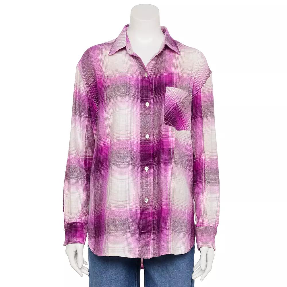 Petite Sonoma Goods For Life® Oversized Boyfriend Flannel, Women's, Size: Large Petite, Dark Purple Plaid Product Image