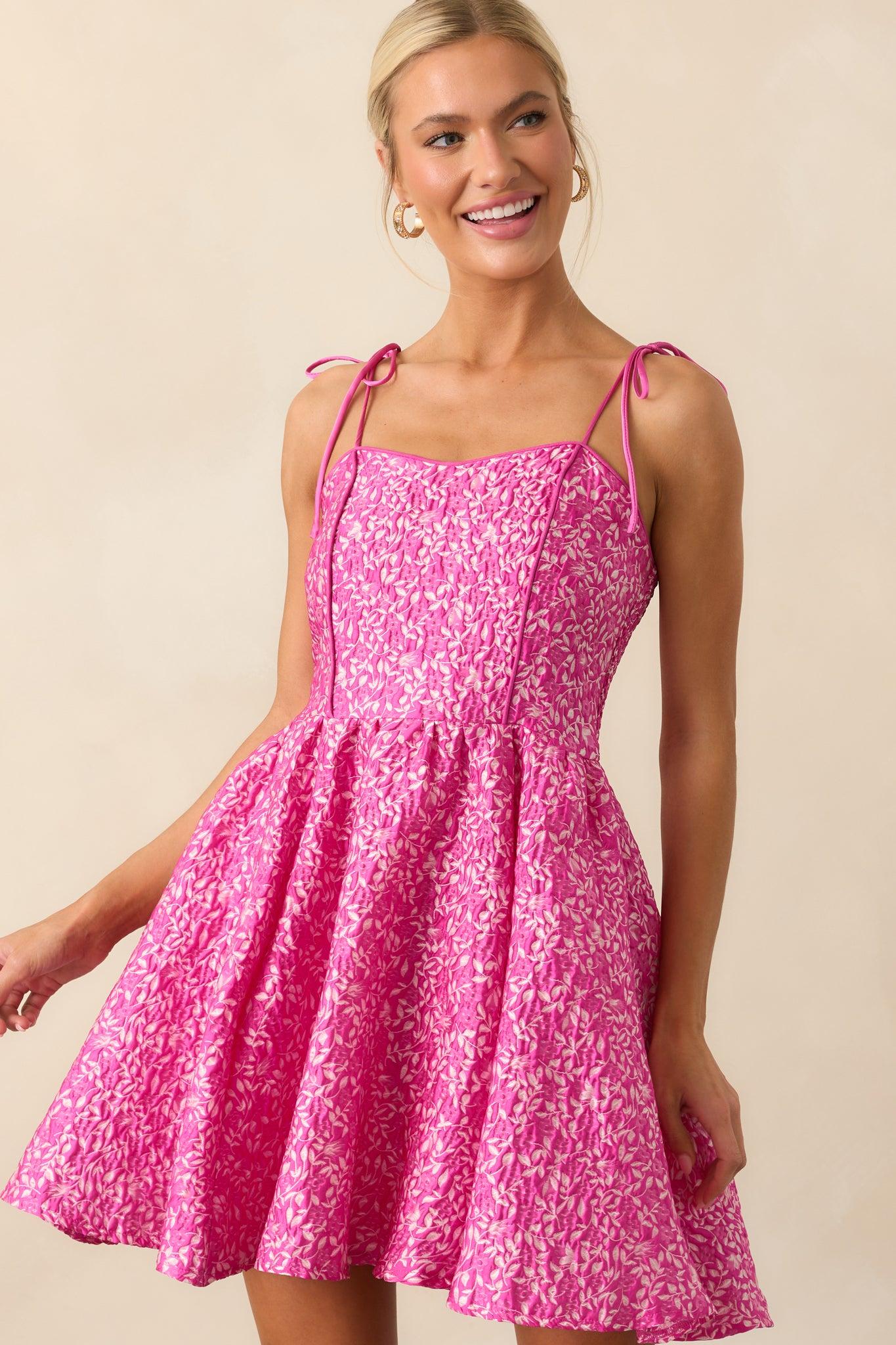 Steal The Scene Fuchsia Pink Floral Jacquard Mini Dress Product Image