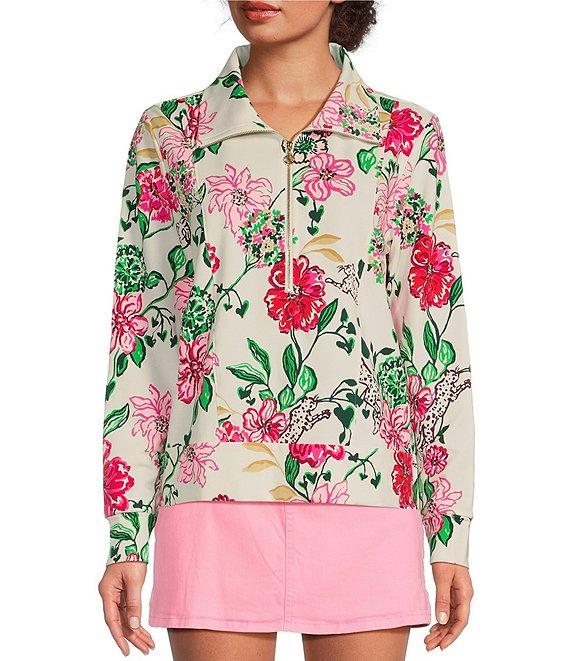 Lilly Pulitzer Eleni Luxe Terry Floral Print Collar Bracelet Sleeve Quarter Zip Top Product Image