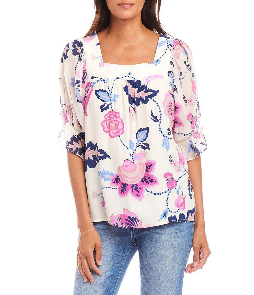 Karen Kane Square Neck Short Sleeve Floral Print Blouse Product Image