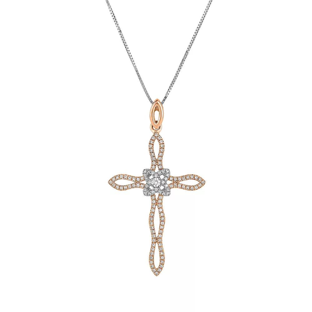 3/8 Carat T.W. Diamond 10k 2-Tone Pink Gold Cross Pendant Necklace, Womens 10k Two Tone Product Image