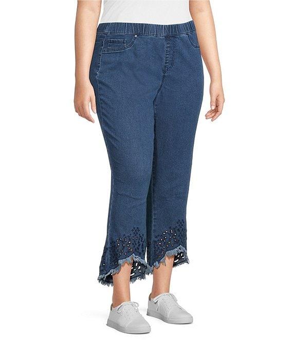 Intro Plus Size Straight Leg Tulip Eyelet Embroidered Frayed Hem Pull-On Ankle Pants Product Image