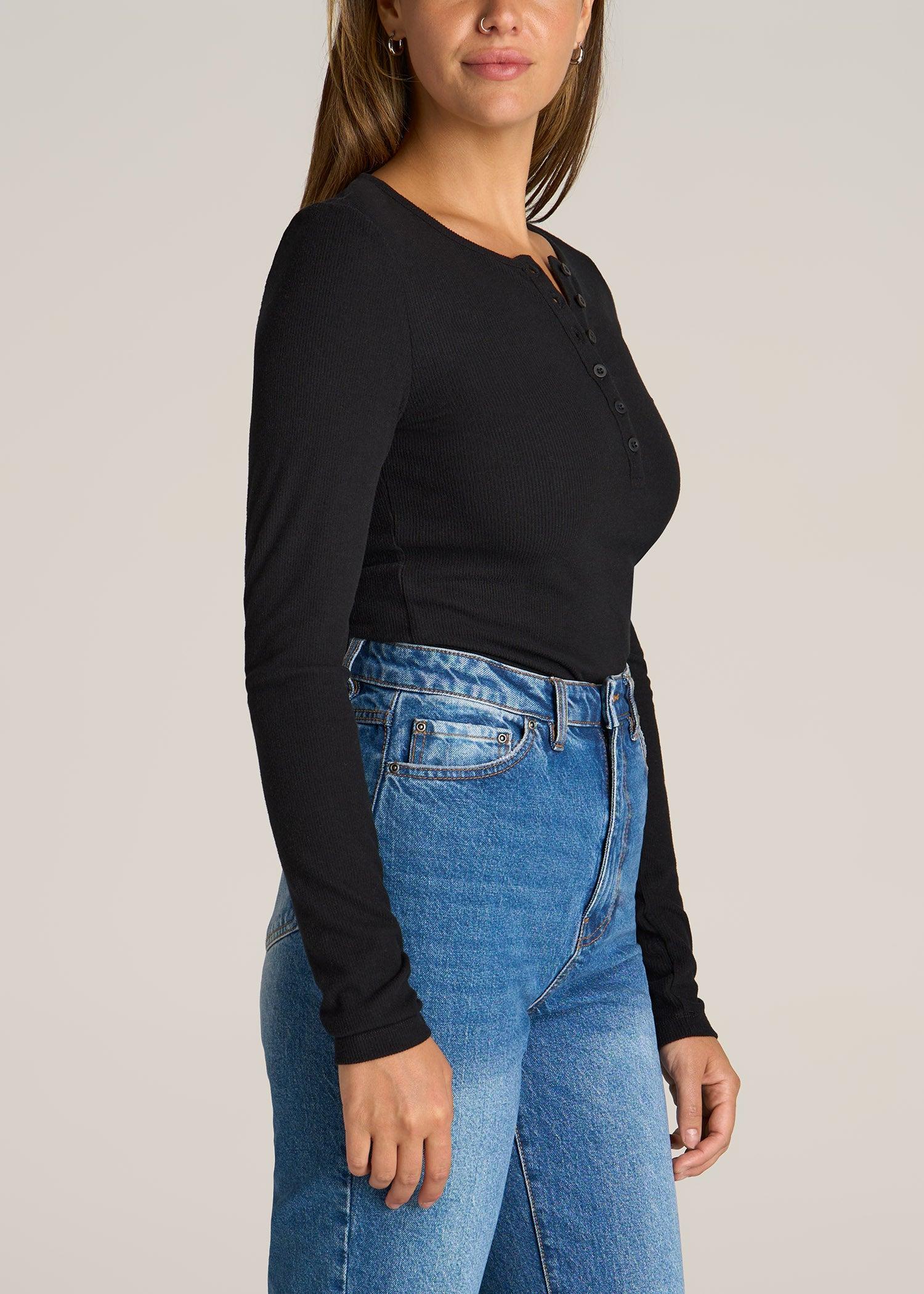Long Sleeve Ribbed Crewneck Henley Shirt for Tall Women in Black Female Product Image
