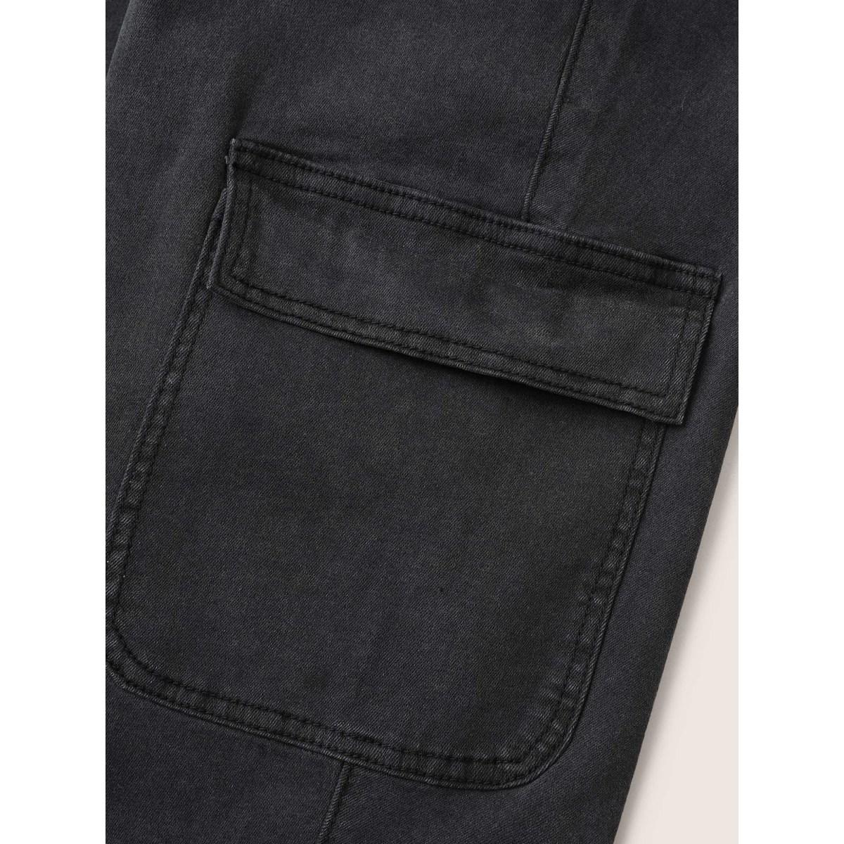 Plus Size Skinny Elastic Waist Drawstring Patched Pocket Jeans Women Gray Casual Plain Non High stretch Slanted pocket Jeans BloomChic 12/L Product Image