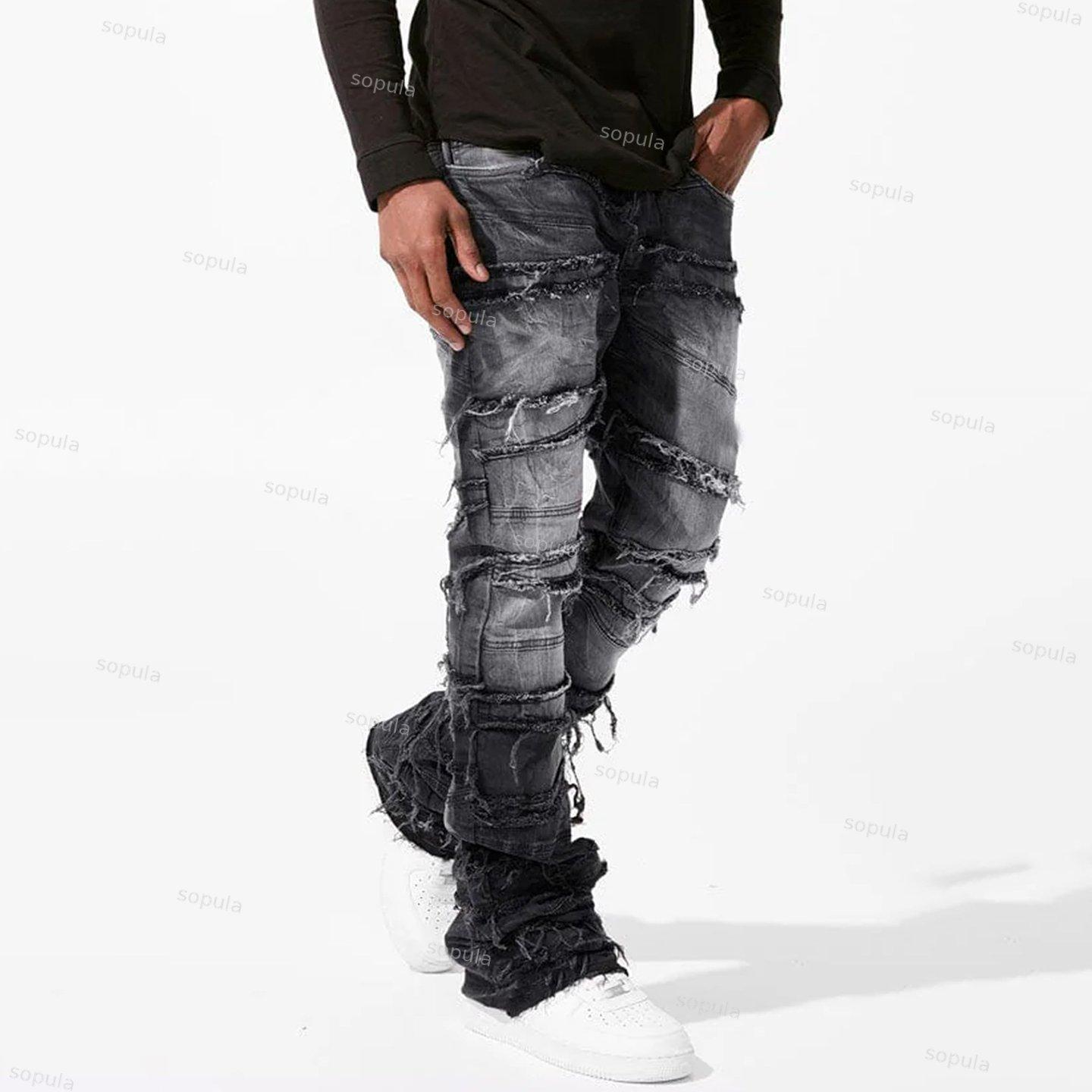 Men's Street Stretch Patch Denim Straight Pants Product Image