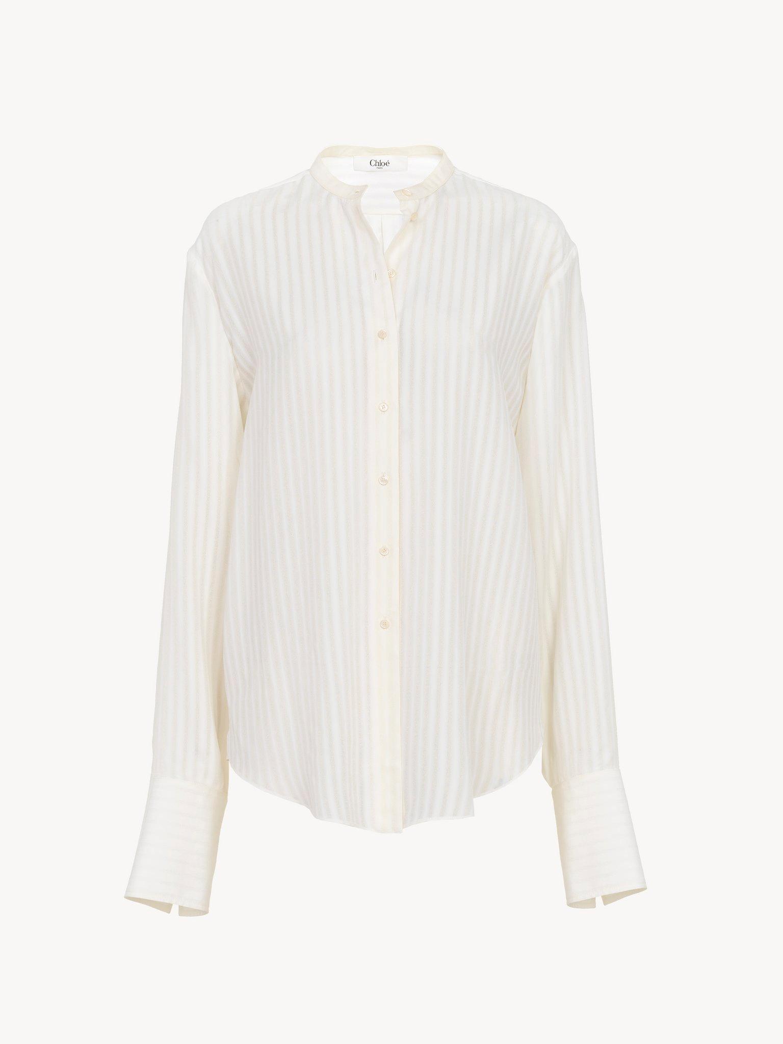 Collarless shirt in striped viscose Product Image