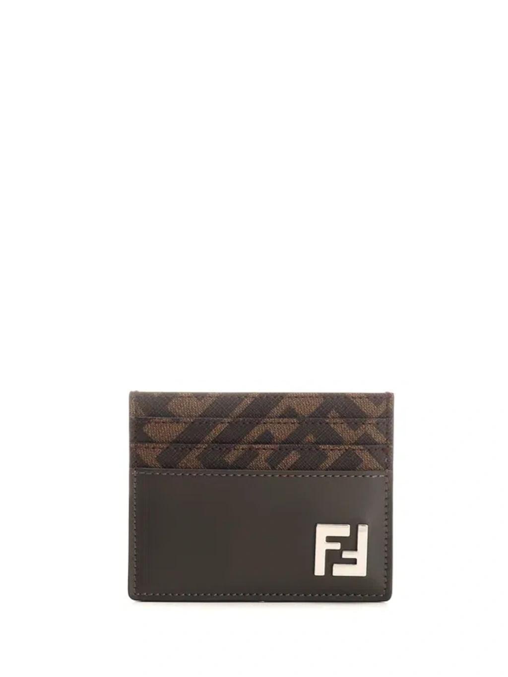 FENDI Brown Card-holder With Squared Ff Motif In Leather And Ff Canvas Man In Ebony Product Image