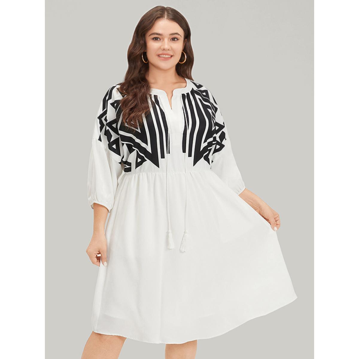Plus Size Geometric Print Notched Ties Tassels Elastic Cuffs Dress White Women Vacation Elastic cuffs Notched collar Elbow-length sleeve Curvy Midi Dress BloomChic 30/6X Product Image
