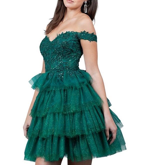 Cinderella Couture Off-The-Shoulder Beaded Sequin Tiered Ruffle Lace Up Back Fit-And-Flare Dress Product Image