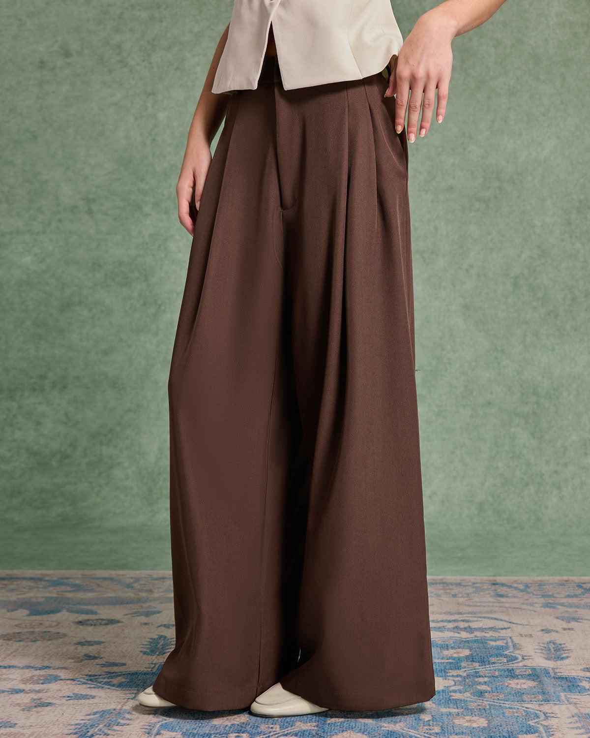 Coffee Ruched Straight Pants Product Image