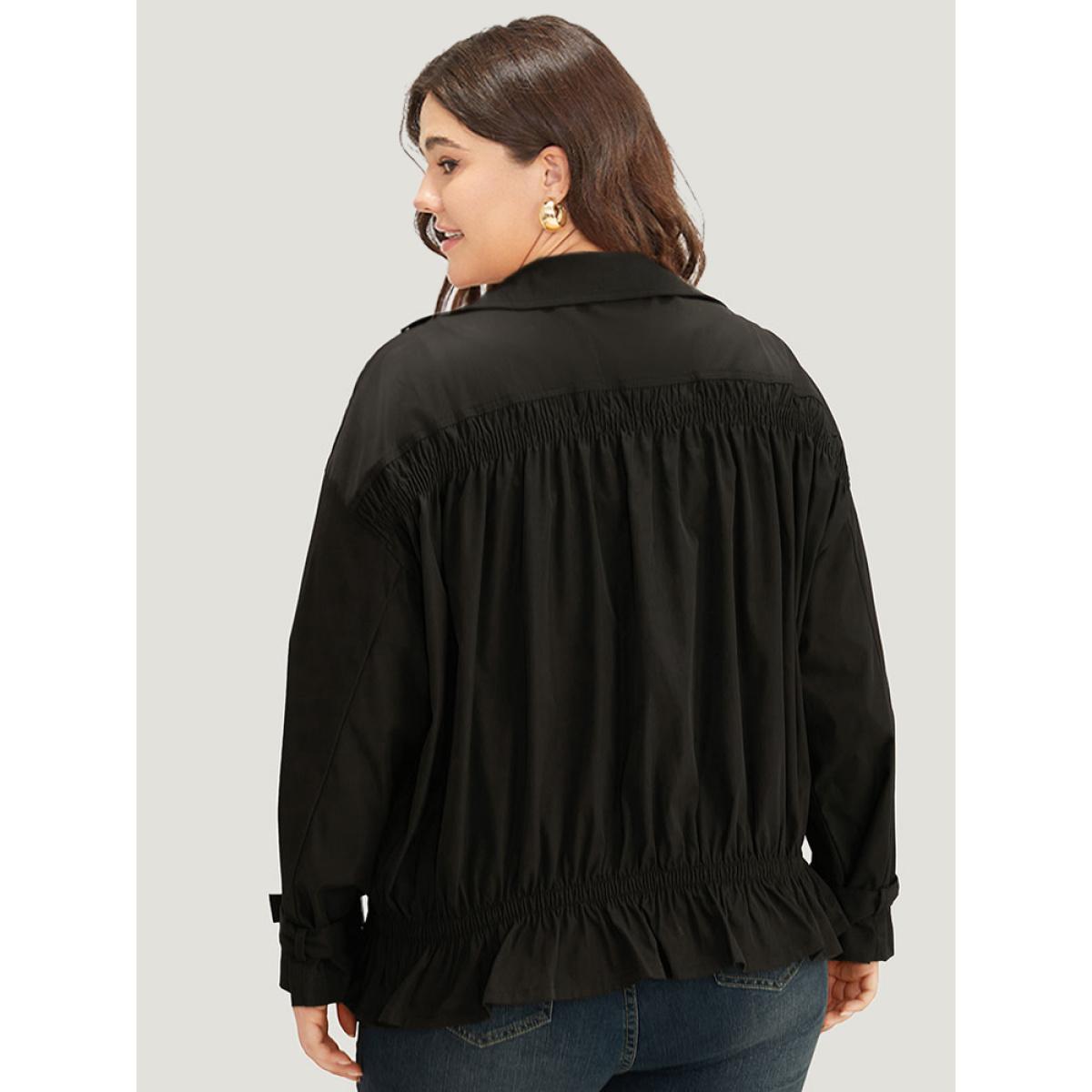 Plus Size Shirred Lapel Collar Metal Buckle Button Up Coat Women Black Casual Gathered Ladies Dailywear Winter Coats BloomChic 18-20/2X Product Image