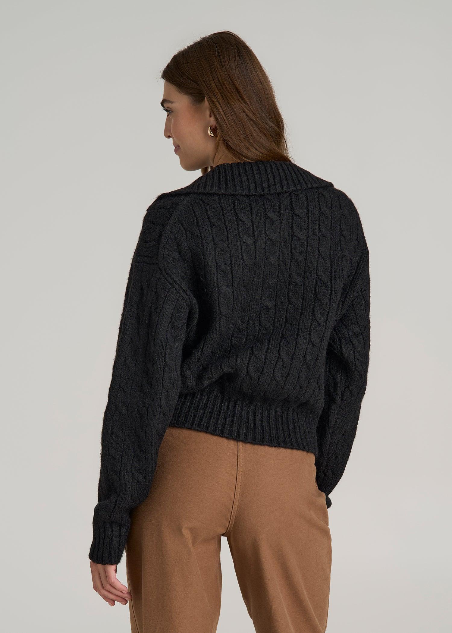 Johnny Collar Cable Knit Sweater for Tall Women in Black Female Product Image